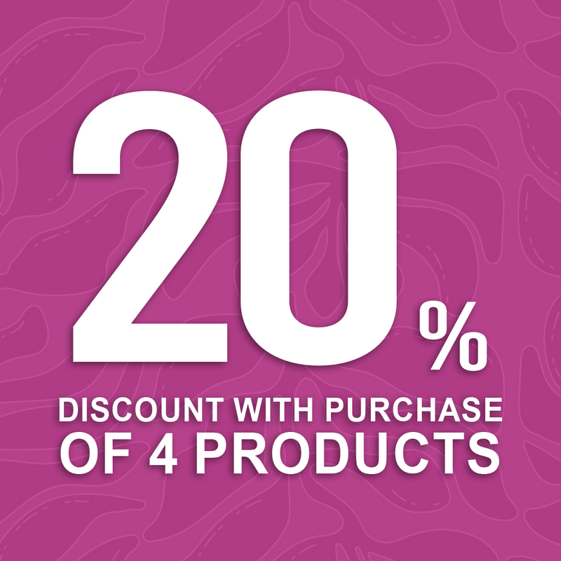Promotional text for a 20% discount on purchases of four products on a purple background